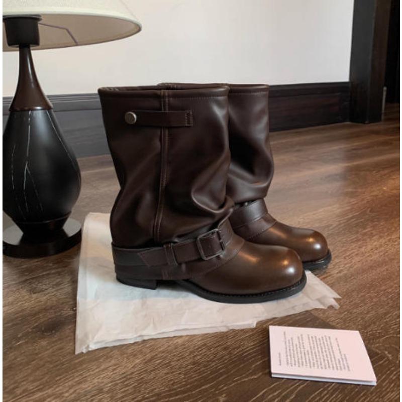 Cowhide Version Spice Girls Pant Tube Boots Women's Fashionable Wasteland Wind Pleated Buckle Western Cowboy Boots Short Boots
