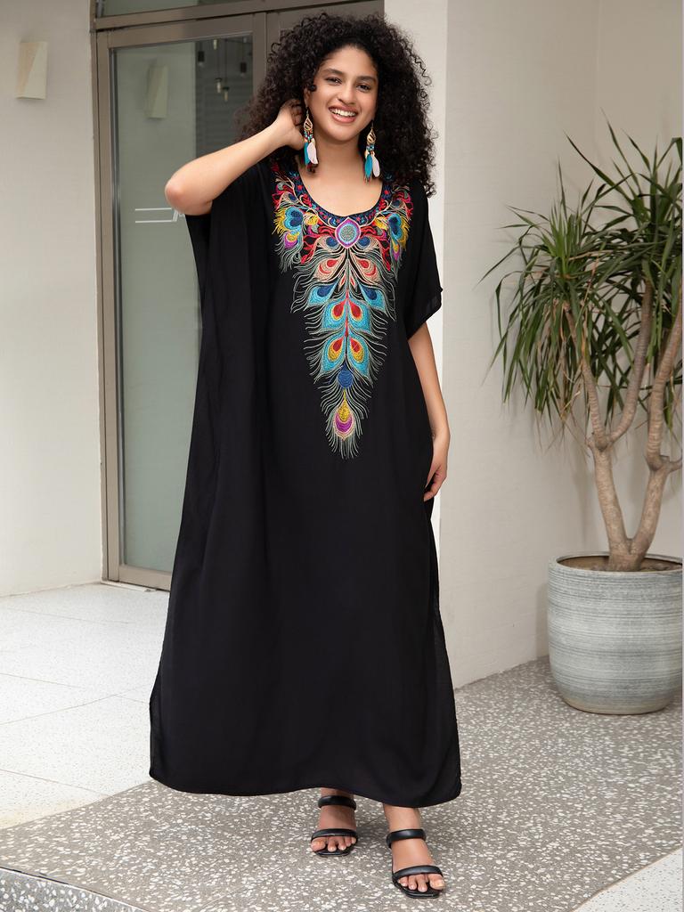 Женские макси-платья с вышивкой в виде павлиньих перьев, накидки для купальников, летние кафтаны, купальные костюмы, распродажа