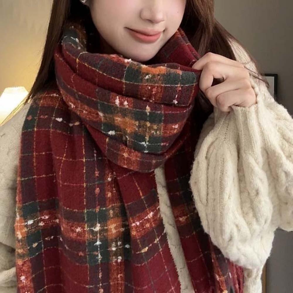 Classic Plaid Knitted Scarf Soft Women Thickened Scarf Soft Long Tassel Neckscarf  Couple