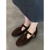 Cowhide Version~ Genuine Leather Niche Fringed Genuine Leather Light Mouth Single Shoes T-buckle Belt Mary Jane Shoes Women's Flat Bottom