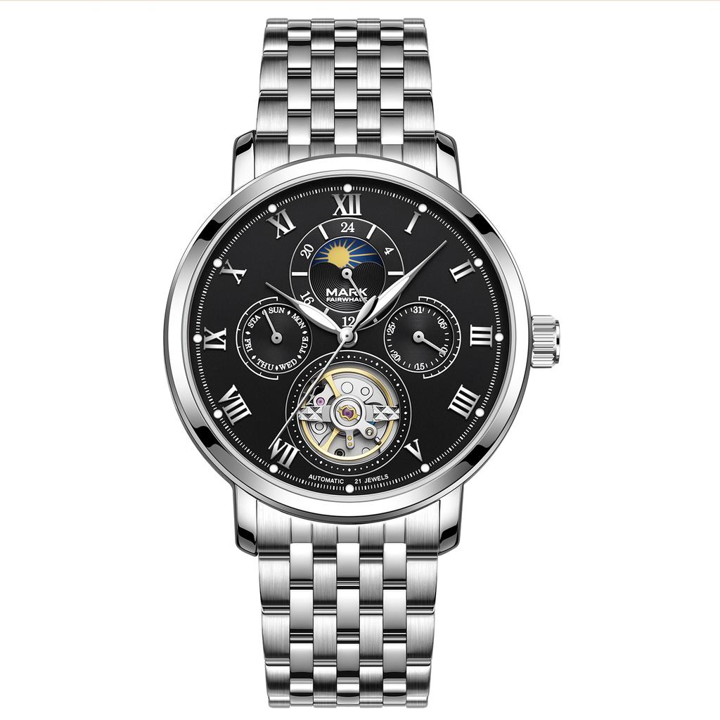 MARK FAIRWHALE Automatic Mechanical Watch for Men FW-6048 Multifunction Moon Phase Subdial Hollow Out Movement Dress Male Watch