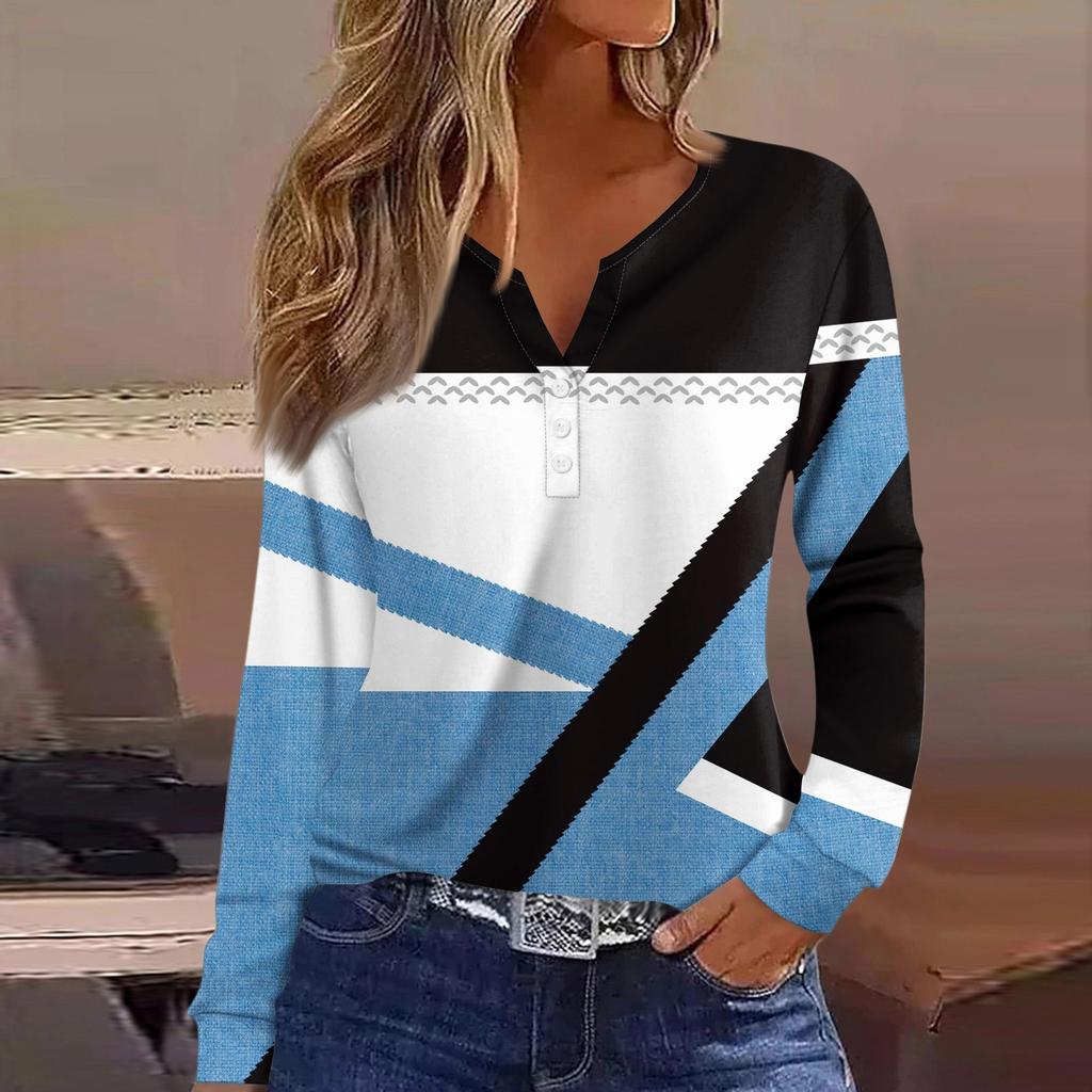 Жен. Футболка Футболка на пуговицах с длинным рукавом Повседневные Выходные Мода Классический Топ с v-образным вырезом Обычный