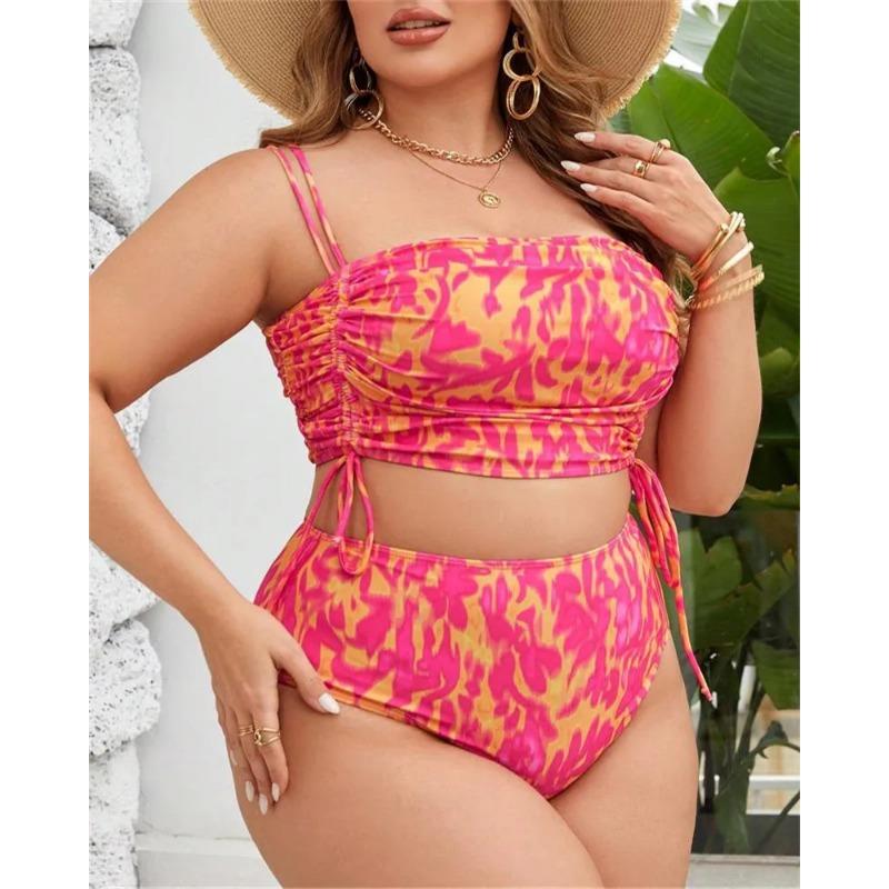 2025 Print Two Piece Plus Size Bikini Women Strapped Large Swimsuit High Waist Lady Chubby Swimwear Beach Curvy Bathing Suit