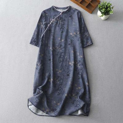 Реальное фото Китайский национальный стиль Косая планка Литературный и ретро принт Платье со средним рукавом Лето Уменьшение темперамента Платье-ципао