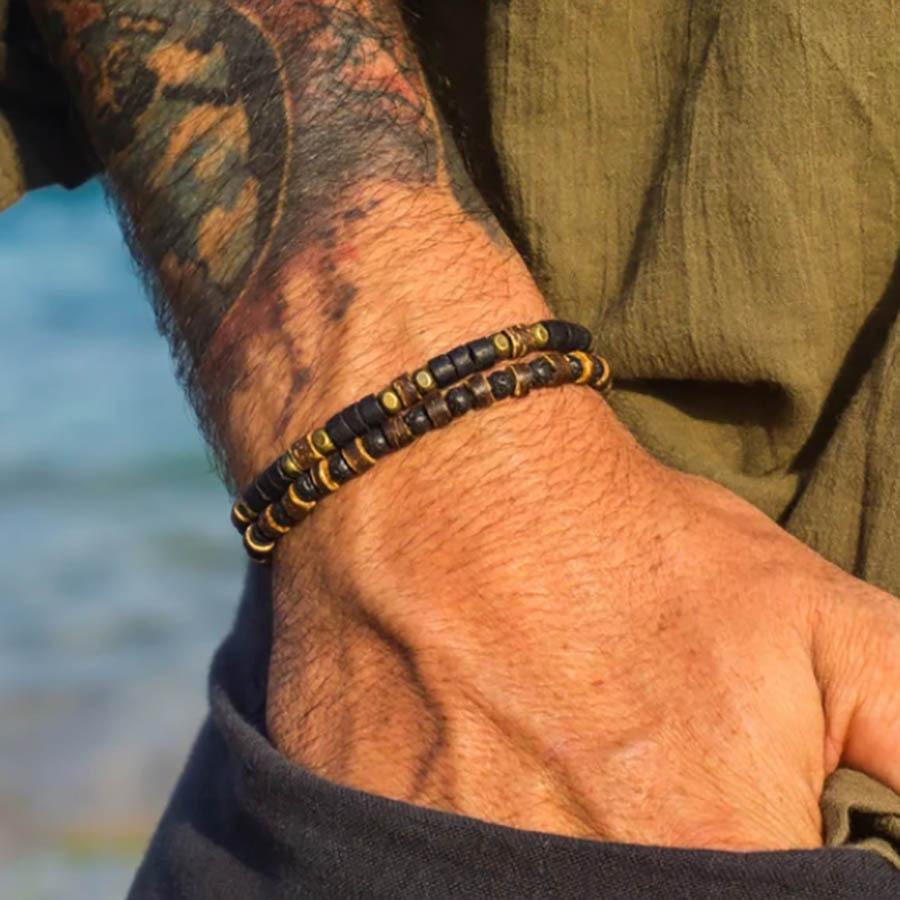 Многослойный набор браслетов, Ретро мужской браслет из африканской бирюзы и деревянных бусин.