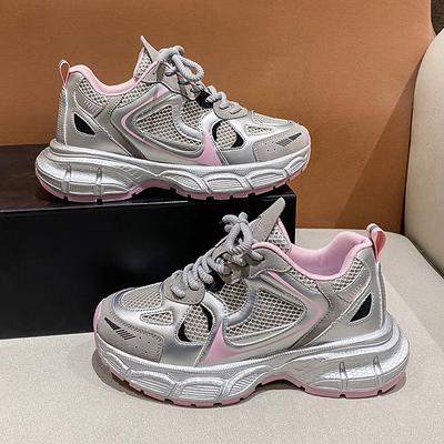 Женские кроссовки на толстой подошве, увеличивающие рост, весна 2024, новые, серебристые, сетчатые, дышащие, легкие, спортивные и для отдыха