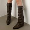 Модные женские ботфорты до колена с острым носком и ремешком с пряжкой, уличный стиль, тонкий низкий каблук, для вечеринок, зимняя женская обувь