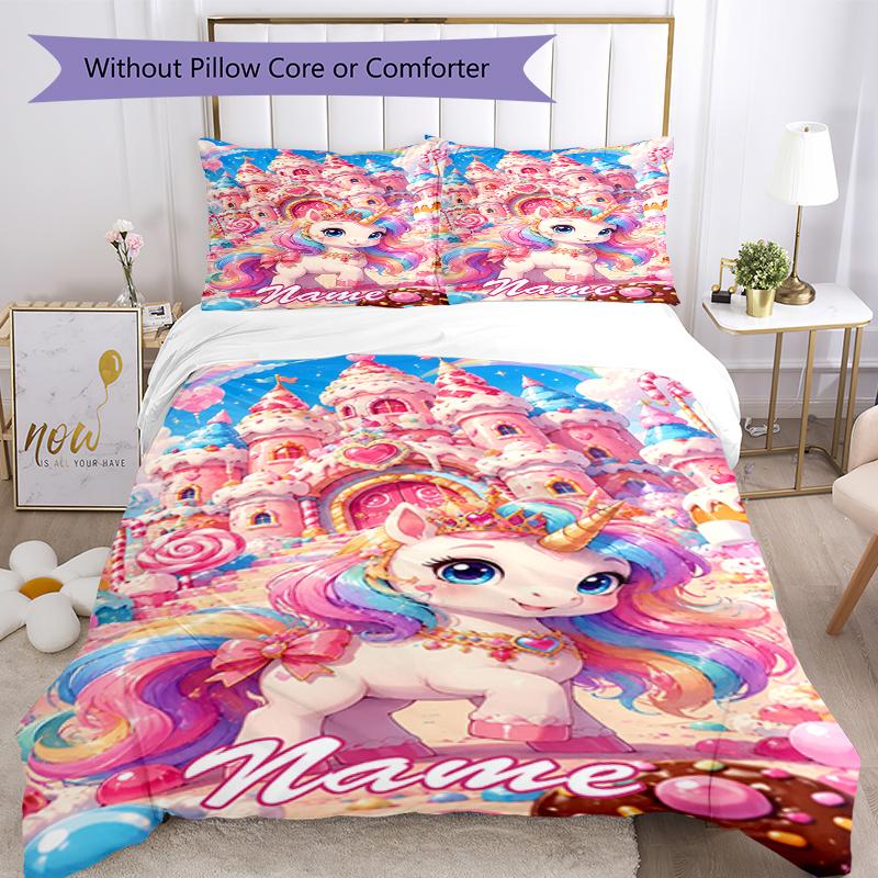 3pcs Custom Name Unicorn Bedding Set Duvet Cover Closure Includes 1 Duvet Cover & 2 Pillowcases, Soft and Comfortable for All Seasons.
