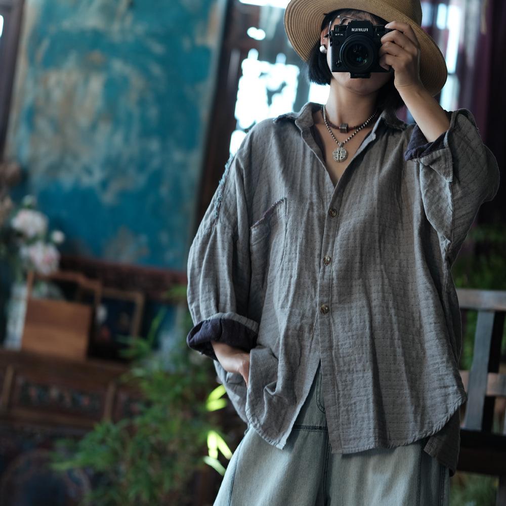 Johnature Women Vintage Bat Sleeve Shirts Tops Button Autumn Blouses Turn-down Collar Chinese Style Shirts