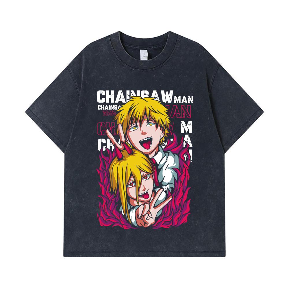 275 GSM Washed T-shirts 100% Cotton Chainsaw Man V39 Denji Power Print Unisex Heavy Cotton T Shirt