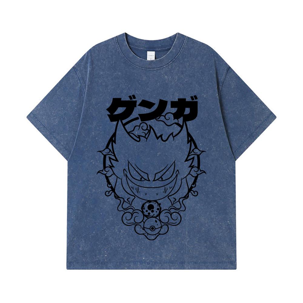 275 GSM Washed T-shirts 100% Cotton Pokemon V10 Gengar Print Unisex Heavy Cotton T Shirt