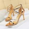 Fashion Women High Heels Summer Champagne Gold Sandals Roman Pumps Lady Gladiators Stiletto Shoes Bridal Catwalk Temperament 126-8