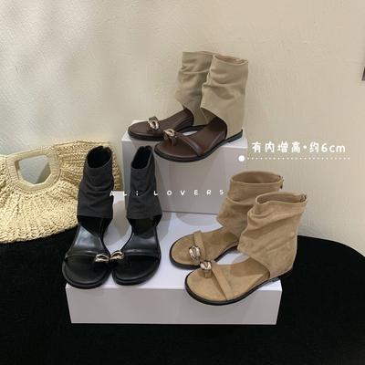 Корейская версия увеличение внутренней высоты металлический носок крутые ботинки женские 2025 лето новые модные универсальные задняя молния полые короткие ботинки женские