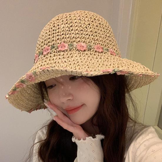 Women Straw Hat Hollow Out Fake Flower Decor Anti-UV Sun Protection Good Breathability Decorative Beach Cap Lady Outdoor Travel Hat