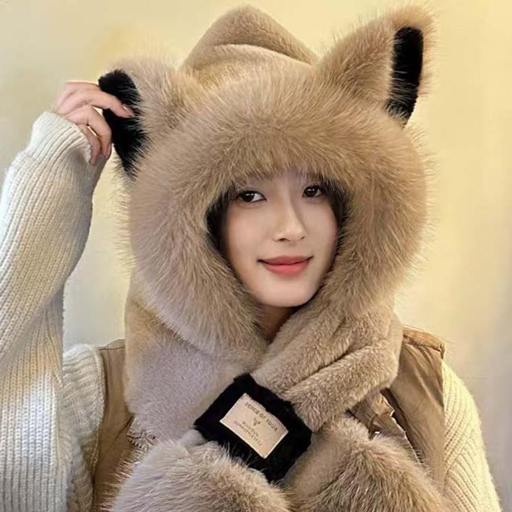 Cartoon Animal Ear Scarf Hat 2 IN 1 Ear Protection Cap Lei Feng Cap Winter Plush Hat Outdoor
