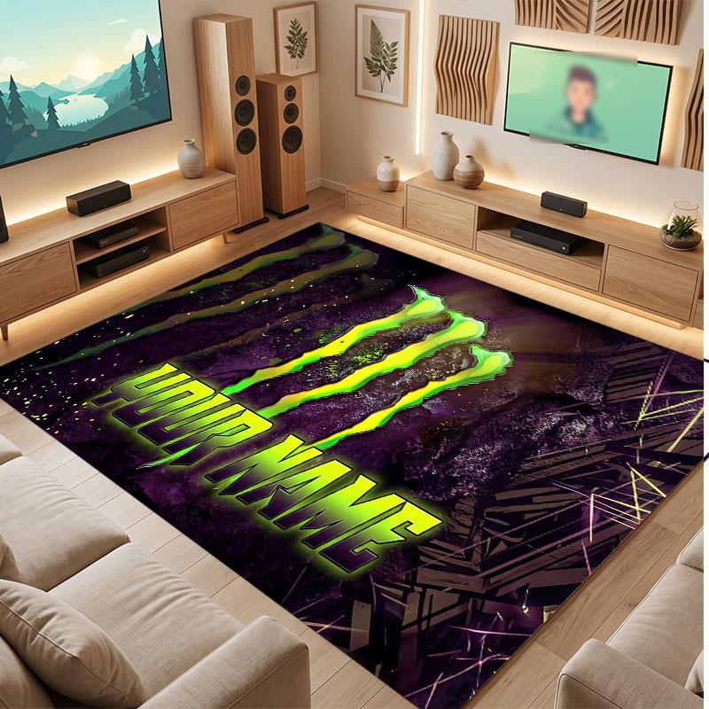 Monster Energy Personalized Crystal Velvet Carpet, Customized Name Text Soft Anti‑Slip Rug for Living Room Bedroom