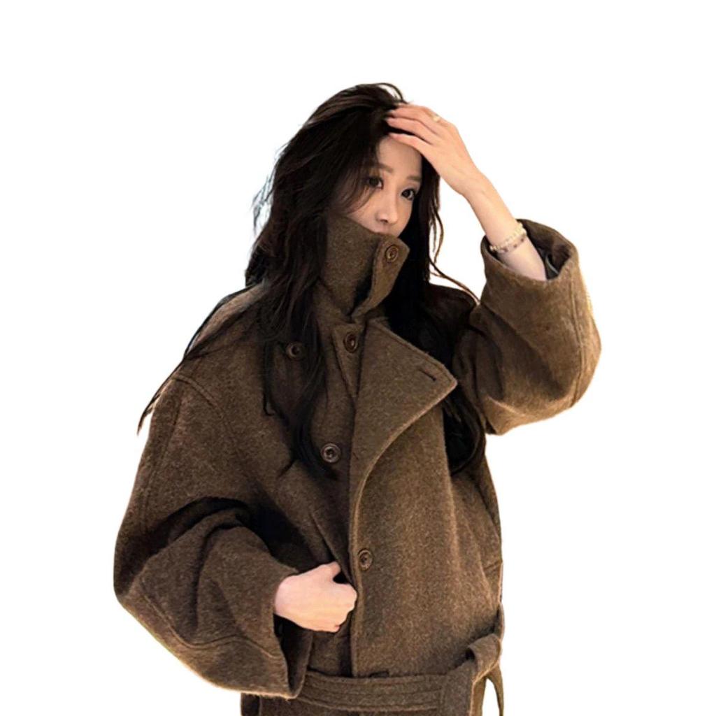 Retro Tie-Waist Wool Coat with Stand-Up Collar for Autumn/Winter 2025