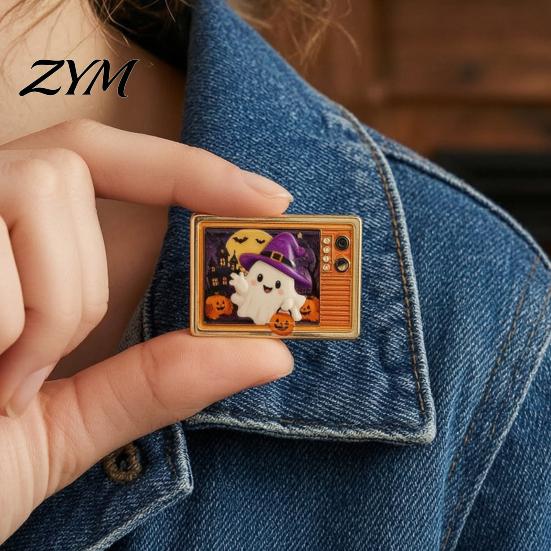 Collectable Metal Brooch Retro TV for Halloween, Pumpkin Ghost Black Cat Crow Cartoon Pin Badge, Holiday Lapel Sweaters Jackets Scarves Decoration