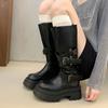 Но детские осенние новые ботфорты с широким голенищем, высокие ботфорты в рыцарском стиле, универсальные ботинки на толстой подошве с пряжкой-ремнем