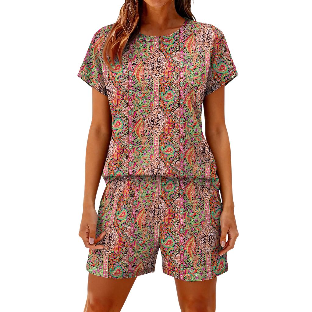 Women's Casual And Comfortable Floral-Print Short-Sleeve Set With Pockets
