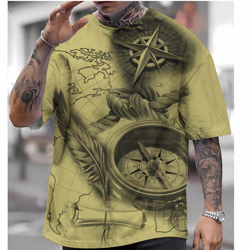 Vintage Compass Pattern Men's T-shirts Retro Map 3D Printed T-Shirts Summer Casual Oversized Short Sleeve Tees Round Neck Tops