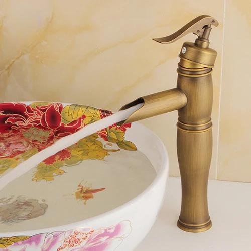 Смесители для раковины, античный латунный водопад, смеситель для раковины в ванной, однорычажный смеситель для раковины, водопроводный кран, краны для туалета