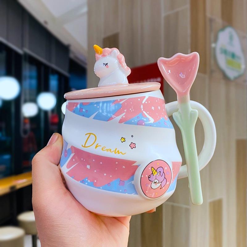 Кружка-единорог Радужная кружка Кофейная кружка с крышкой и ложкой Милая девичья кружка для питья дома Керамическая кружка