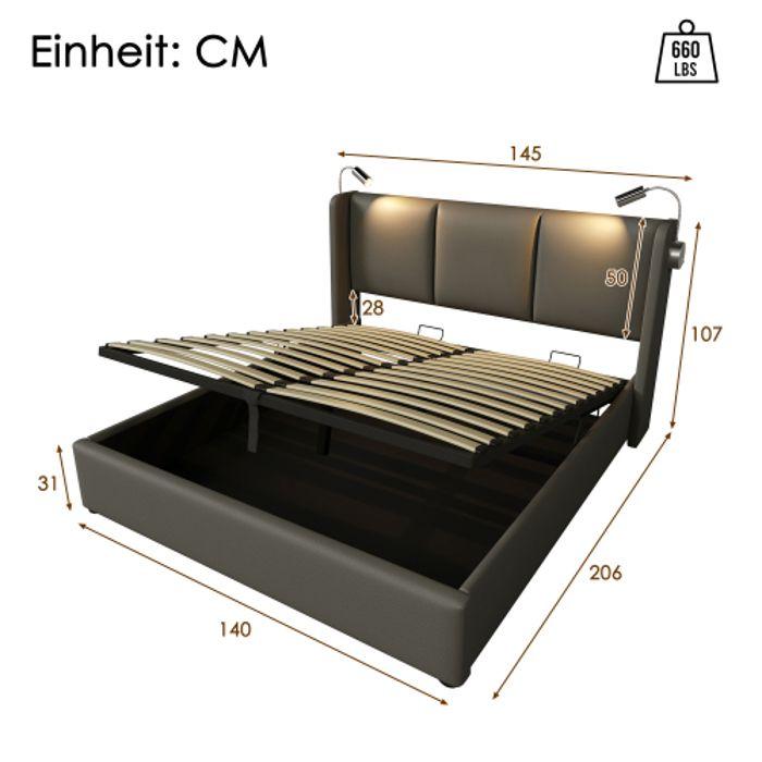 Lit double - MUVOE - 140x200 - Tête de lit avec lampe - Charge USB - Rangement intégré