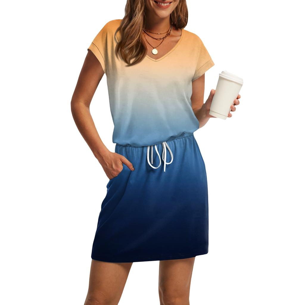 Women's Summer V-neck T-shirt Casual Short Sleeve Drawstring With Pocket Gradient Casual Dresses