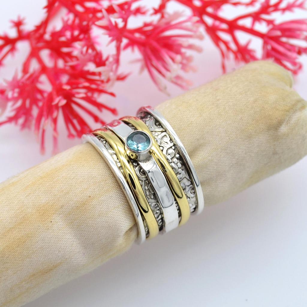 Ювелирные изделия из стерлингового серебра 925 пробы, кольцо ручной работы с голубым топазом, драгоценный камень, вращающееся кольцо, посредническое кольцо для мужчин