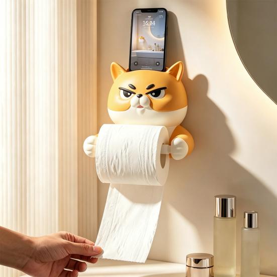 Paper Towel Holder, with Top Phone Holder Cartoon Design, Waterproof Moisture-Proof Wall Mounted Bathroom Accessory