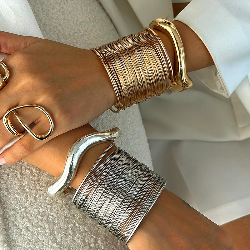 Винтажные Панк Многослойные Широкие Металлические Браслеты-Манжеты на Запястье для Женщин Преувеличенные Золотой Серебряный Цвет Металлический Браслет Женские Модные Украшения