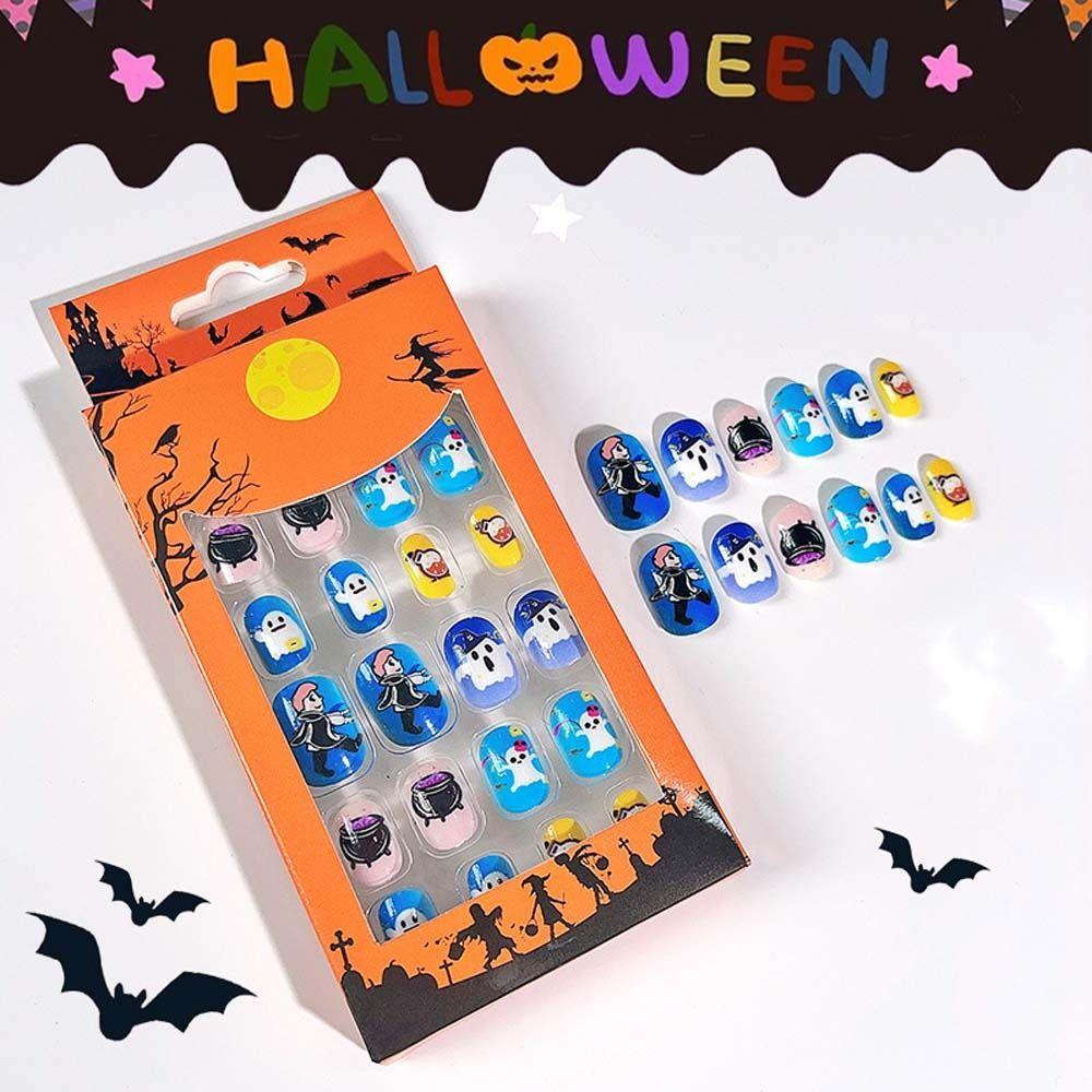 24Pcs/set Pumpkin Children Halloween False Nails Ghost Kids Fake Nail Extension  Girls