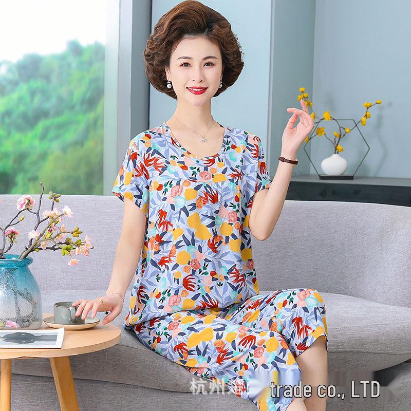 Женский летний хлопковый пижамный комплект больших размеров для женщин среднего и пожилого возраста - Домашняя одежда с короткими рукавами, подходящая для ношения на улице