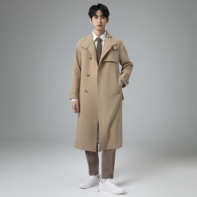Men's Single Breasted Long Trench Coat Windproof Classic Lapel Overcoat with Belt