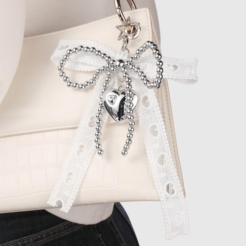 Pearl Beaded Bow Ribbon Keychain Sweet Style Bag Charm Exquisite Lace Bowknot Keychain Phone