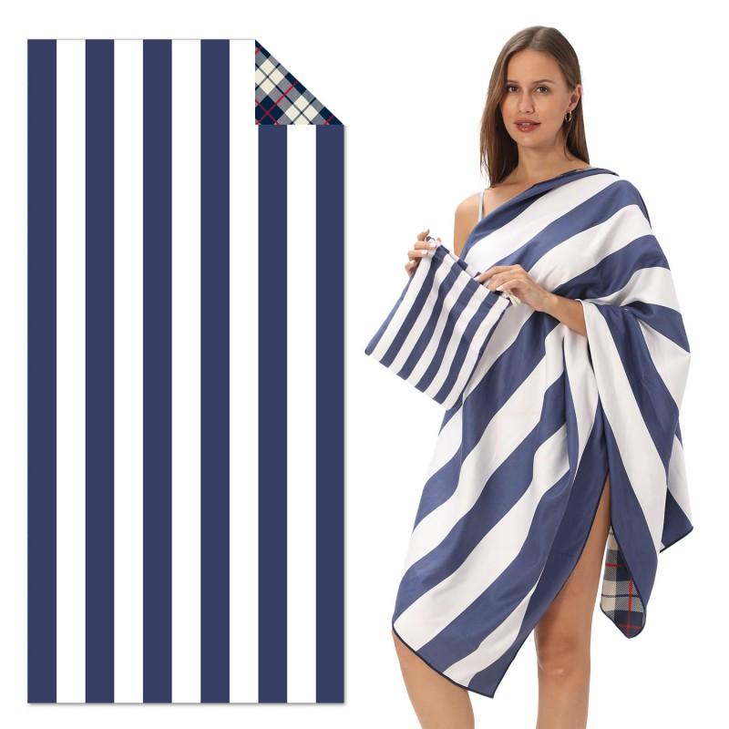 Double-Sided Plush Beach Towel With Color-Block Vertical Stripes Quick-Dry Sand-Resistant Large Size Swimming Pool Vacation