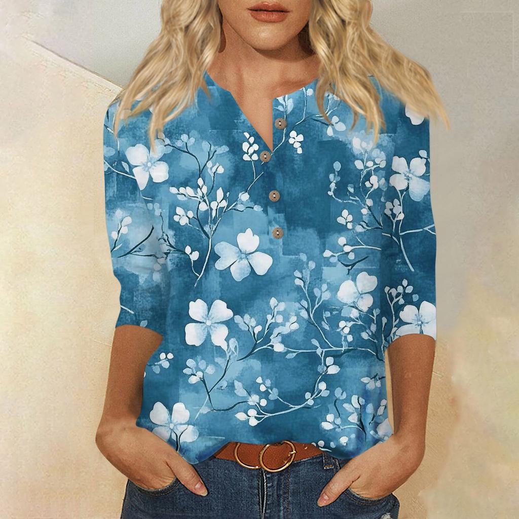 Женский свободный повседневный топ с рукавом семь четвертей и цветочным принтом с круглым вырезом на пуговицах