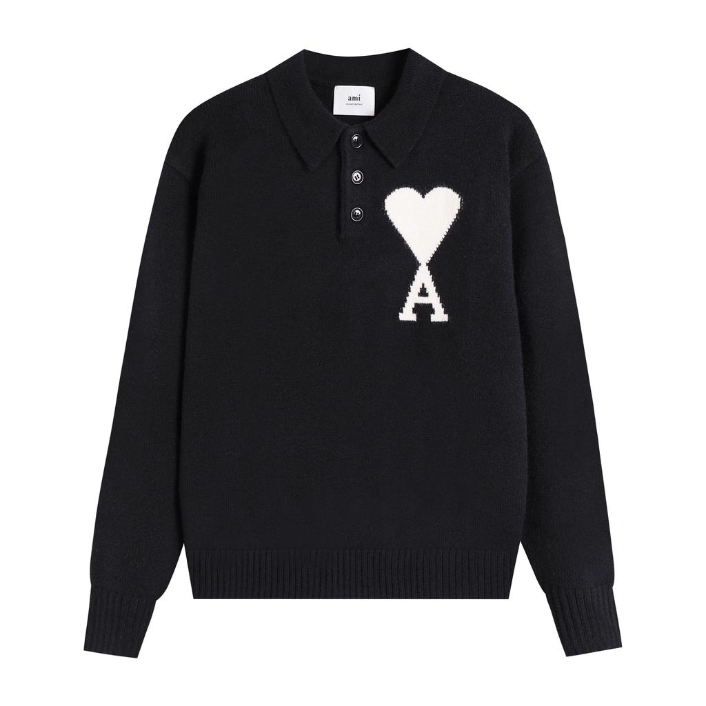 AMI New Polo Collar Knitted Sweater Jacquard Love Couple Woolen Sweater