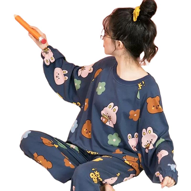 1 комплект большого размера с длинным рукавом, свободная женская осенняя полиэстеровая пижама, пуловер, домашняя одежда