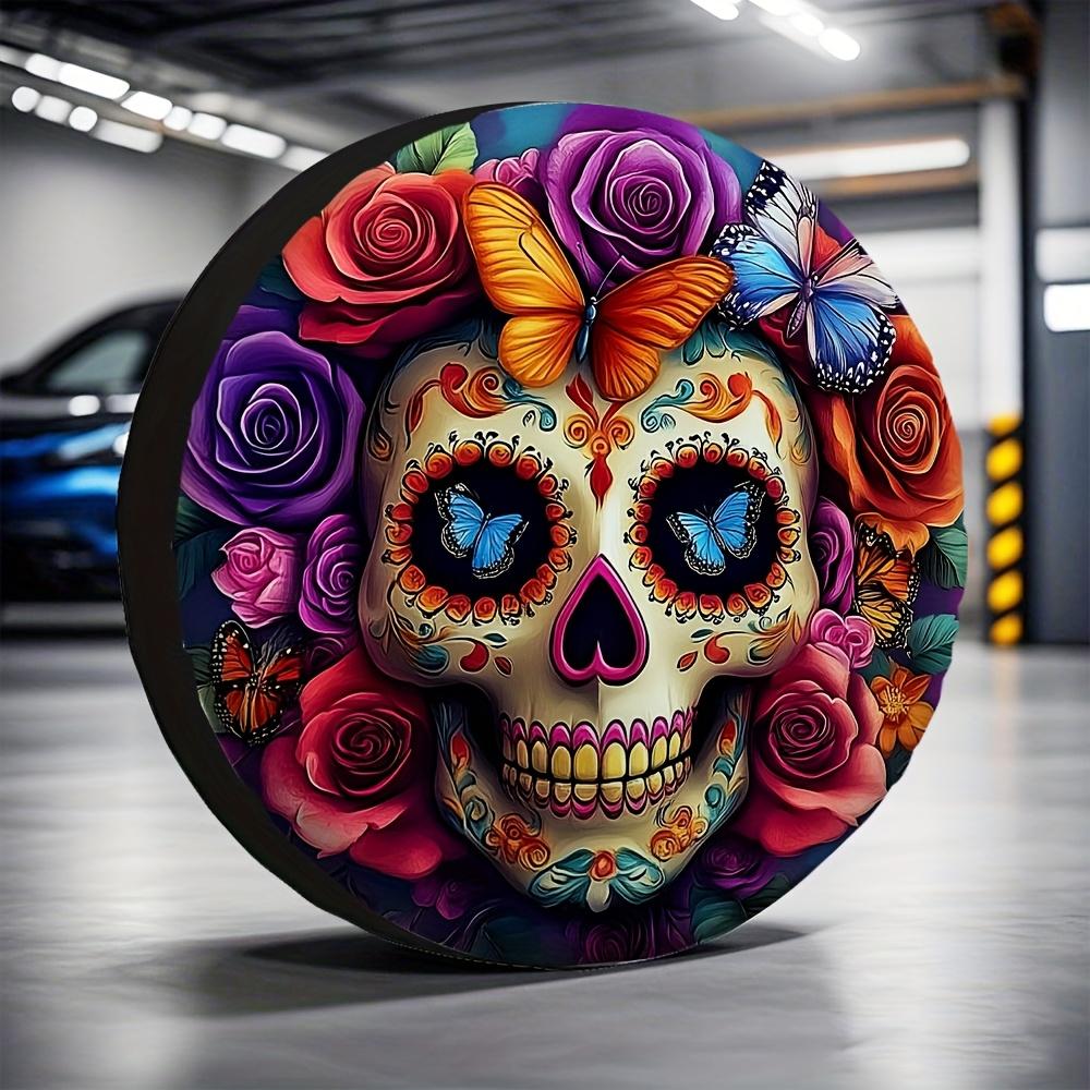 1pc Vibrant Day Of The Dead Skull Tire Cover - Corrosion-Resistant Polyester, Colorful Floral & Butterfly Design, Perfect For Of