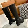 Женские хлопковые сапоги до колена с длинным голенищем, осенние новые универсальные сапоги с квадратным носком, на флисе, с высоким голенищем, на блочном каблуке, облегающие