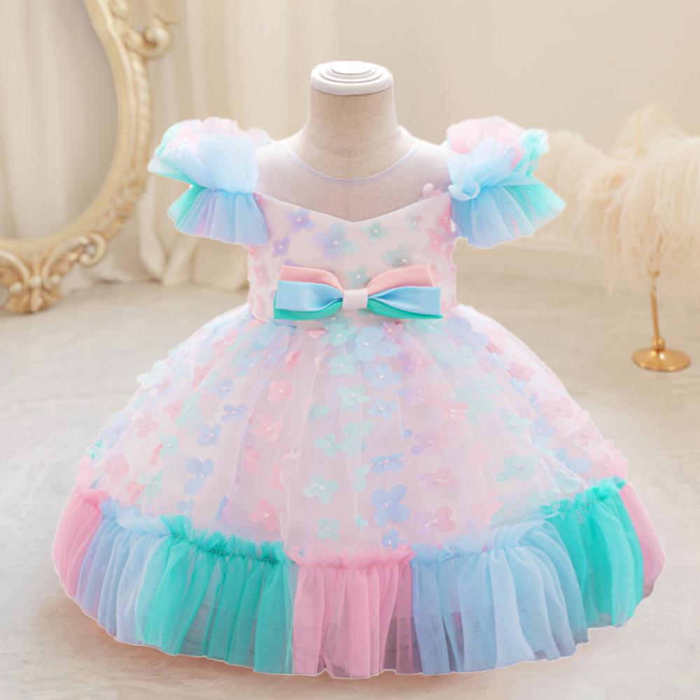 Rainbow Flower Baby Girls Party Dress Toddler Tulle Puff Sleeve 1st Birthday Wedding Princess Prom Dress Bridemaid Baby Clothing