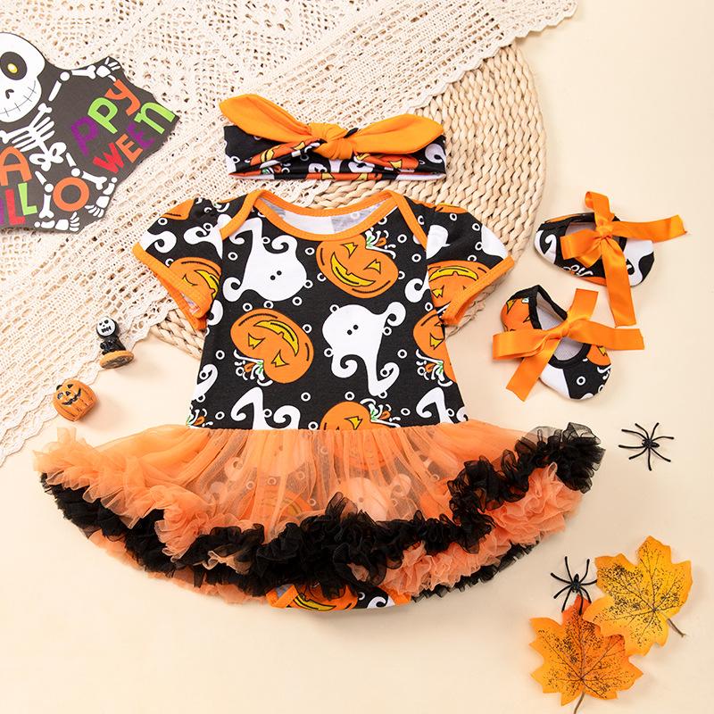 Оранжевые тыквы детские костюмы на Хэллоуин для девочек комплекты одежды для новорожденных кружевной комбинезон Petti детская обувь повязка на голову 3 шт. детская одежда