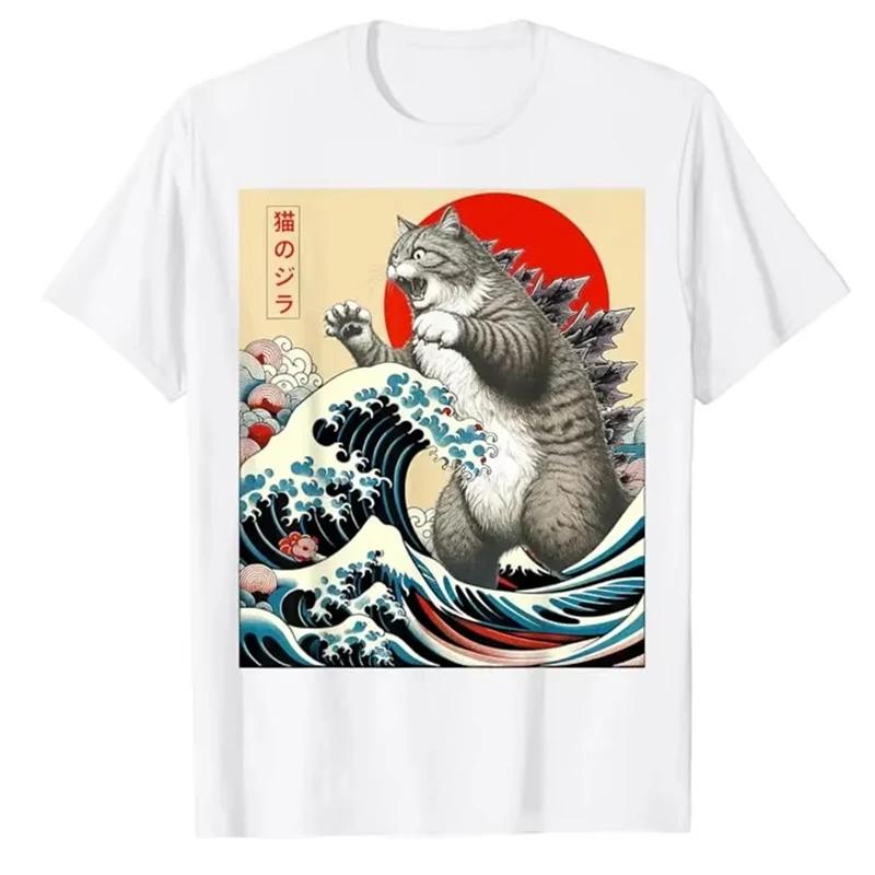 2025 Japanese Art Catzilla Cat Funny Cat Gifts for Men T-Shirt Unisex Cotton T Shirt O-neck Tops Tees Fashion Fitness T Shirt