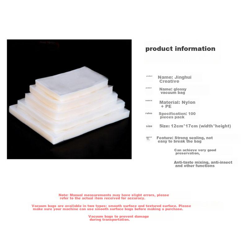 Jinghuisichuang Vacuum Food Bags [Smooth Surface 12*17cm], PE+PA Fresh-Keeping Sealing Bags, Air-Suction Compressed Packaging Bags, 100 Pieces