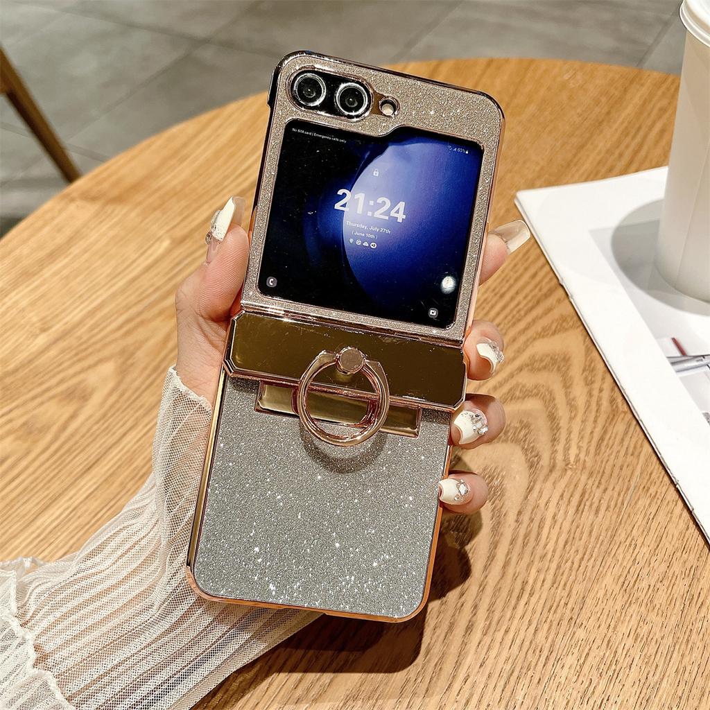 Для Samsung Galaxy Z Flip5 5G Твердый ПК чехол для телефона с блестками и кольцом-подставкой