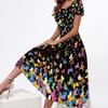Women Elegant Floral Print Square Neck Short Sleeve Evening Pary Long Dress