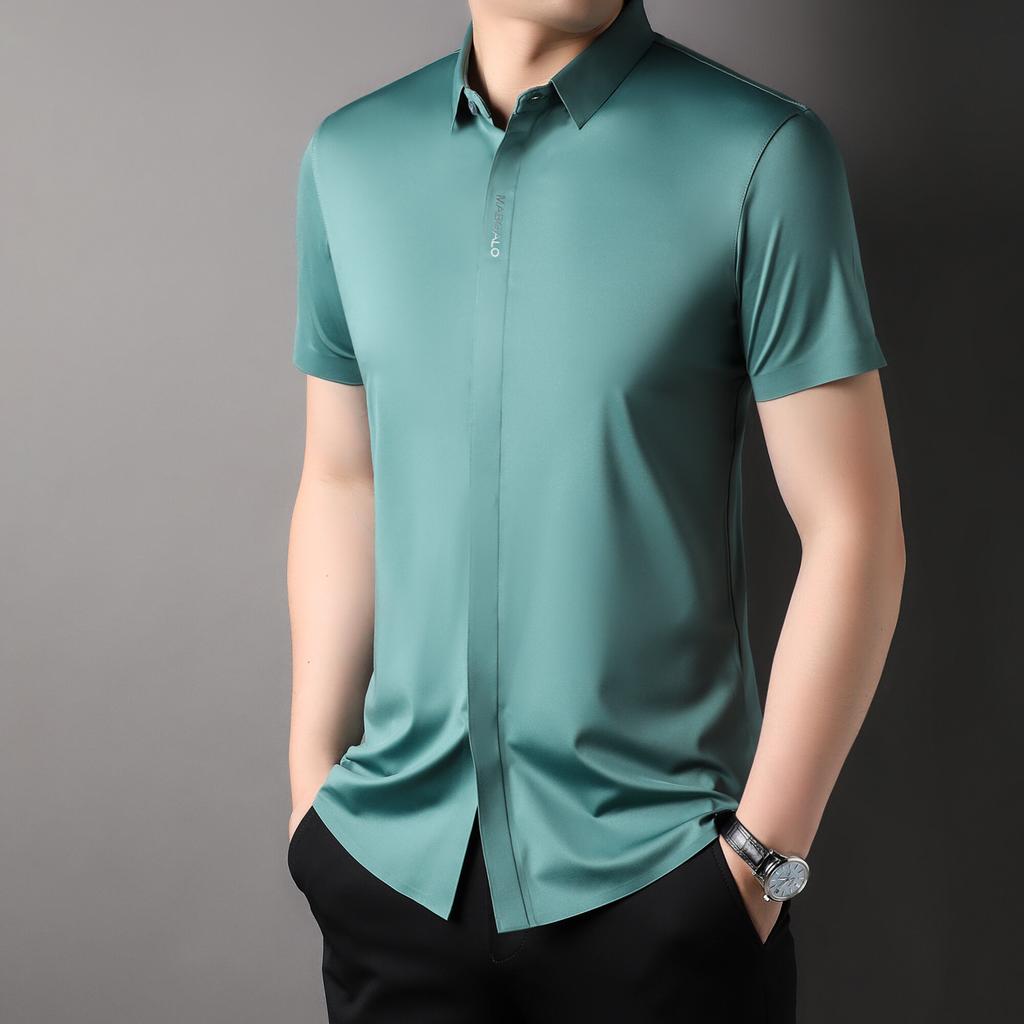 2025 Лето Мужская Однотонная Рубашка Мужская Деловая Платье Гавайские Рубашки Лето Мужская Свободная Блузка с Коротким Рукавом