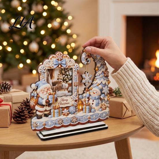 Family Memory Holder Christmas Wooden Photo Frame, 2D Picture with Santa Snowman & Tabletop Display Decor Snowflake Pendant, Frame for Home